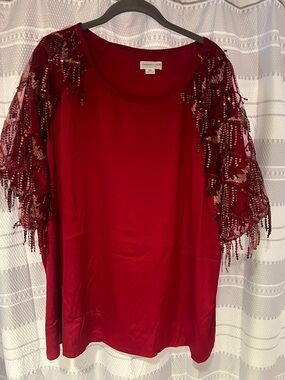 Chic Soul Red Beaded Fringe Sleeve Blouse